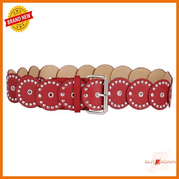 Faux Leather Western Studded Chunky Disk Belt 43.3in Wide Waist